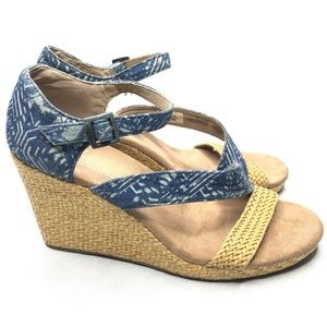 Tom's Chambray Denim Woven Straw Wedge Strappy
